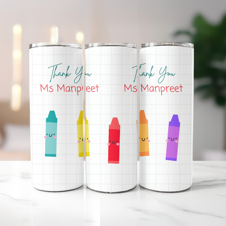 Colourful Crayons – 20 oz Lightweight Stainless Steel Tumbler (Customizable Name & Title)
