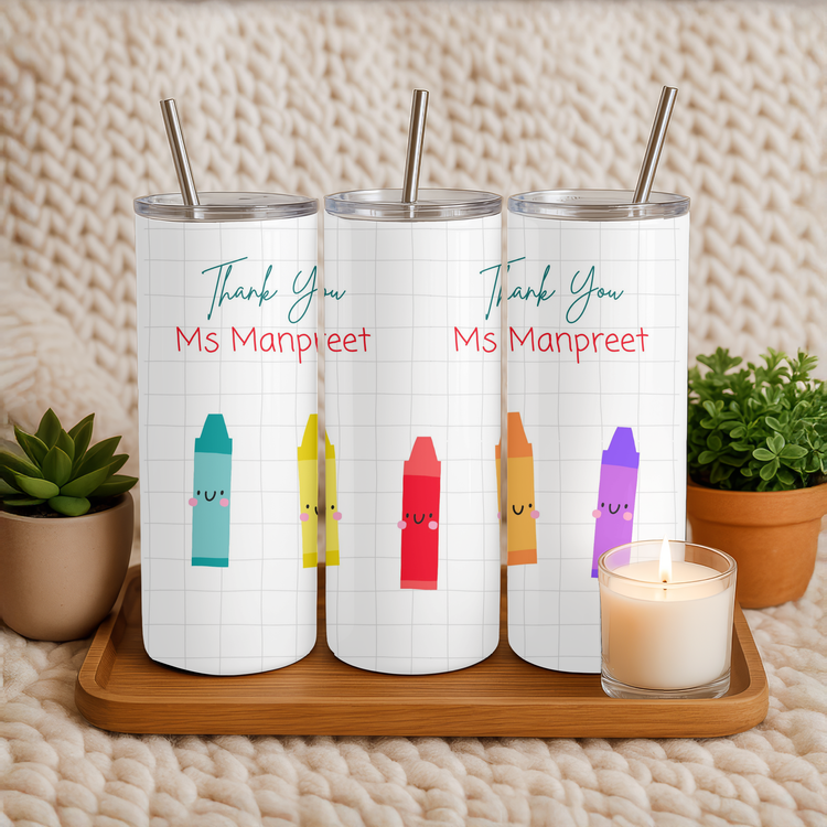 Colourful Crayons – 20 oz Lightweight Stainless Steel Tumbler (Customizable Name & Title)