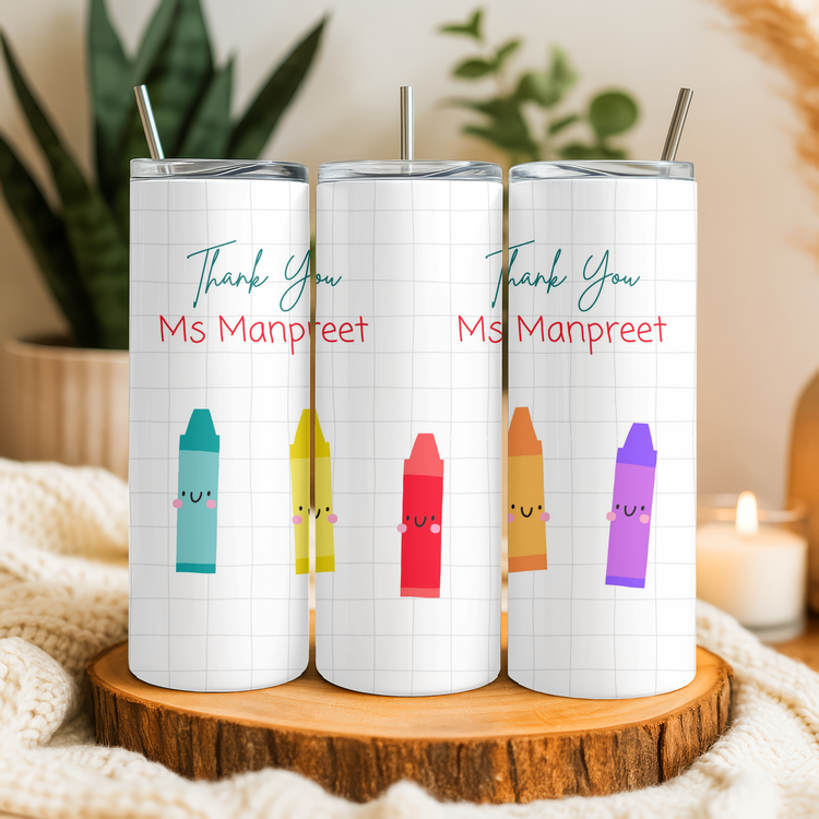 Colourful Crayons – 20 oz Lightweight Stainless Steel Tumbler (Customizable Name & Title)
