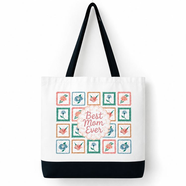 Stitched With Love (Best Mom Ever) - Spacious, Soft, Everyday Tote in Black & White