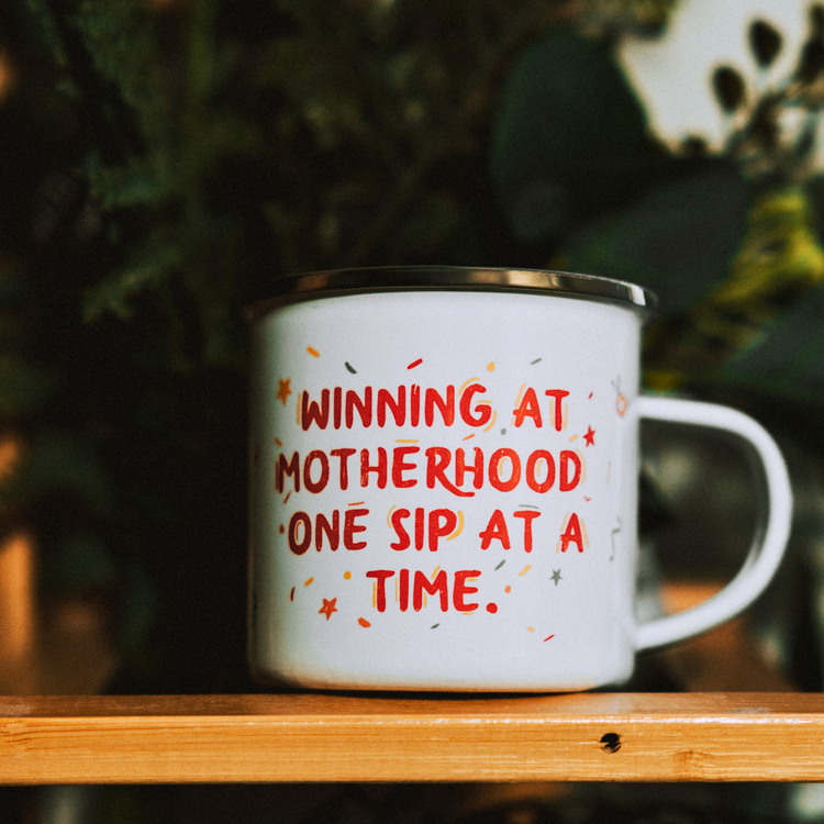 Winning at Motherhood – 12 oz Lightweight Enamel Mug (Perfect for Camping & Everyday Use)