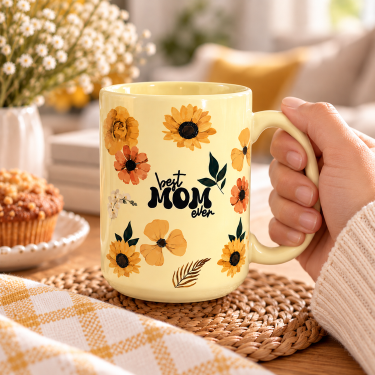 Best Mom Ever 🌼 15 oz Buttery Yellow Ceramic Mug