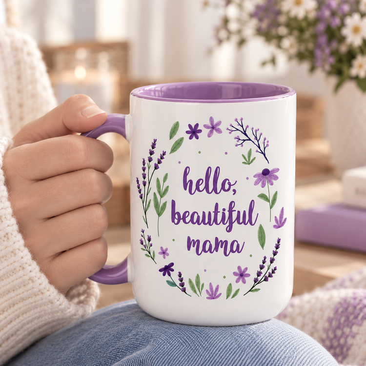 Hello Beautiful Mama – 15 oz Ceramic Mug (Purple)