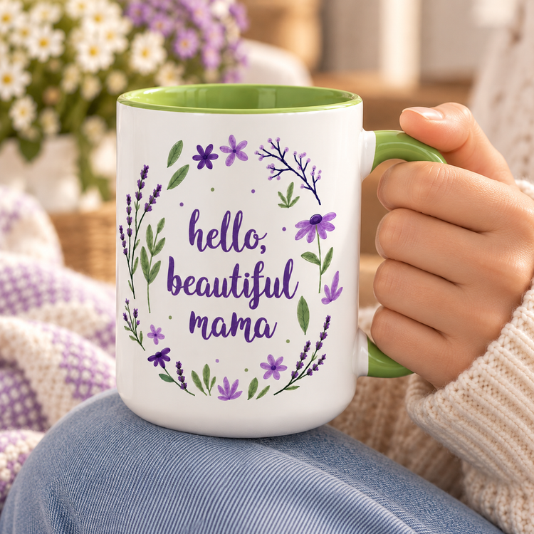 Hello Beautiful Mama – 15 oz Ceramic Mug (Green)