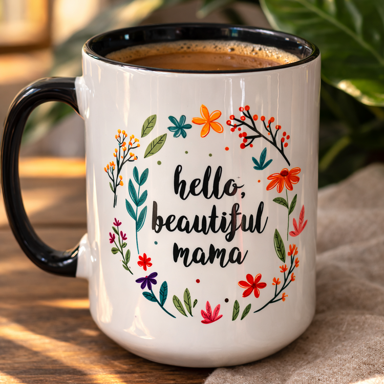 Hello Beautiful Mama – 15 oz Ceramic Mug (Black)