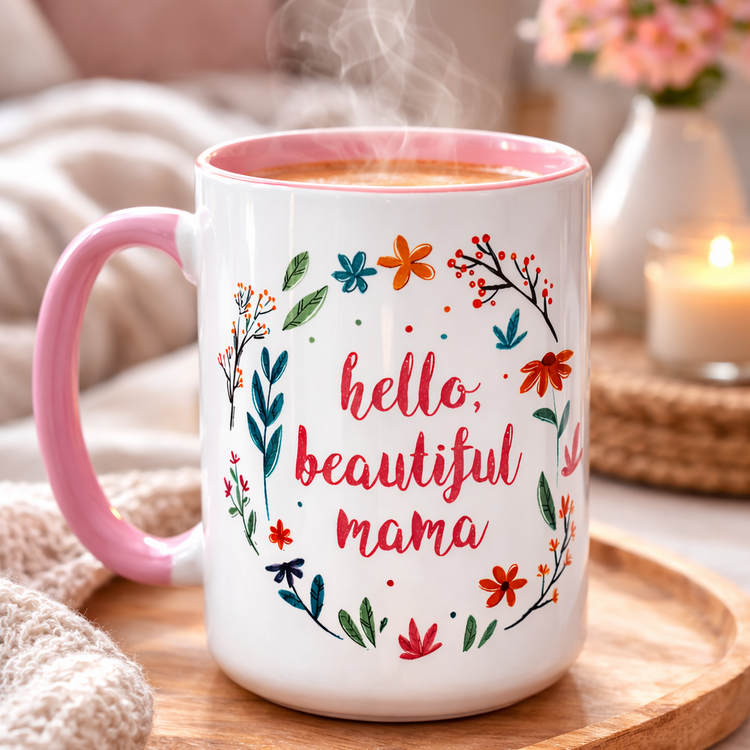 Hello Beautiful Mama – 15 oz Ceramic Mug (Pink)