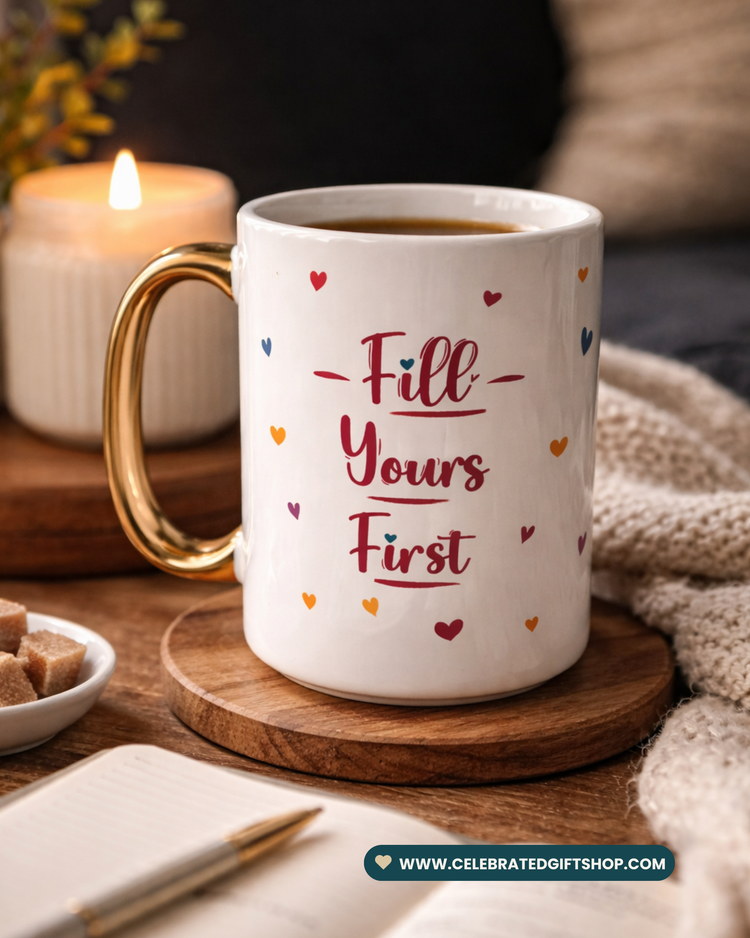 Fill Yours First – 15 oz Ceramic Mug (Gold Handle)