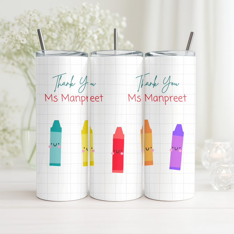 Colourful Crayons – 20 oz Lightweight Stainless Steel Tumbler (Customizable Name & Title)