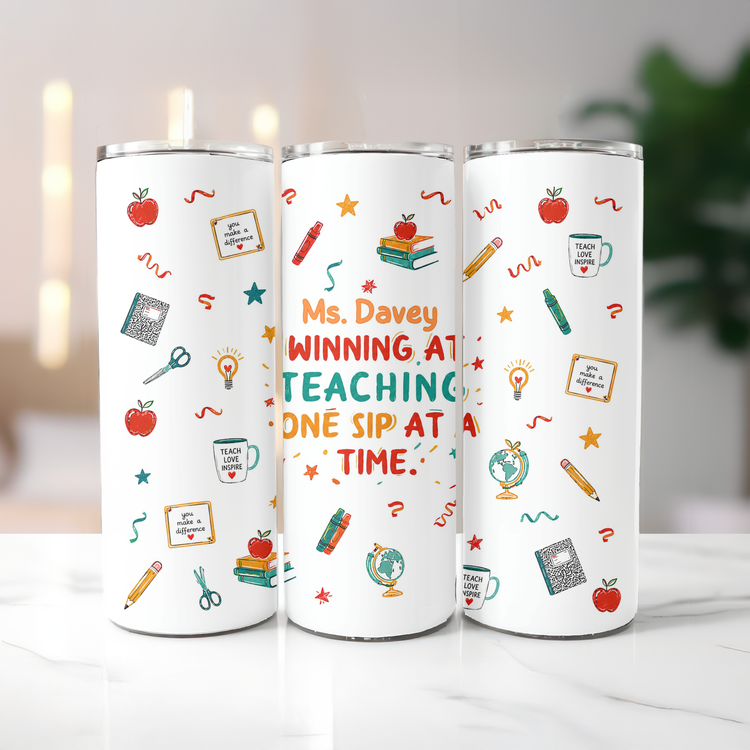 Winning at Teaching – 20 oz Lightweight Stainless Steel Tumbler (Customizable Name & Title)