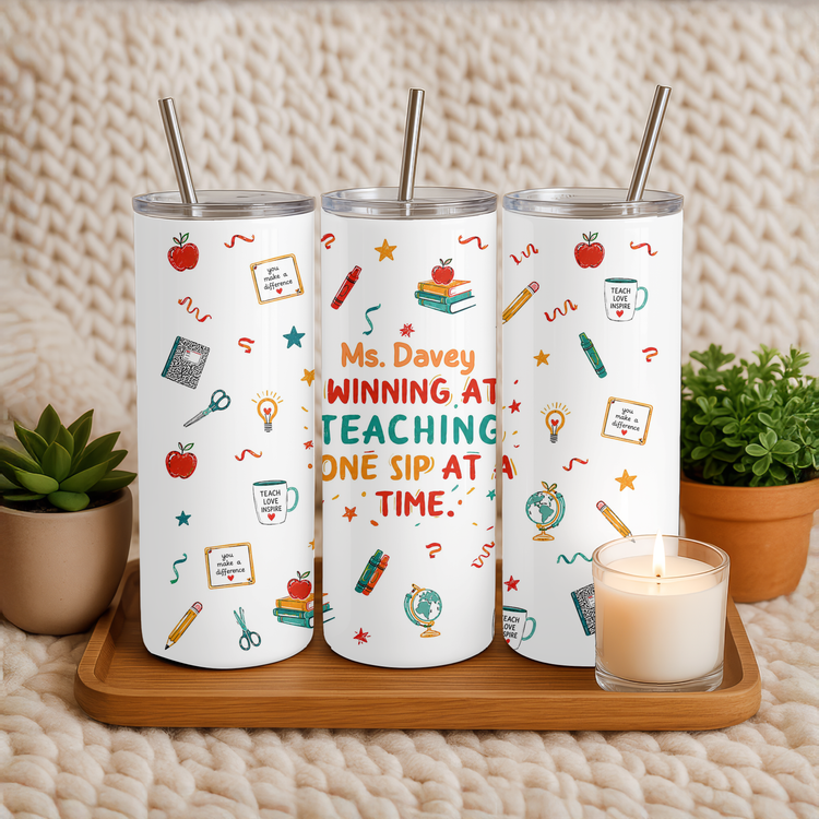 Winning at Teaching – 20 oz Lightweight Stainless Steel Tumbler (Customizable Name & Title)