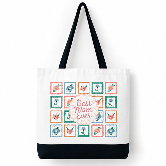 Stitched With Love (Best Mom Ever) - Spacious, Soft, Everyday Tote in Black & White