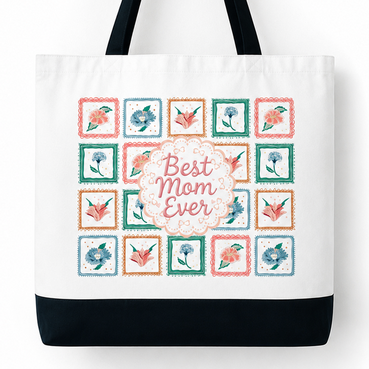 Stitched With Love (Best Mom Ever) - Spacious, Soft, Everyday Tote in Black & White