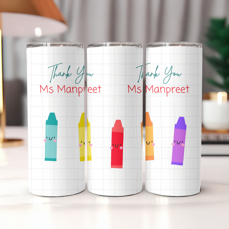 Colourful Crayons – 20 oz Lightweight Stainless Steel Tumbler (Customizable Name & Title)