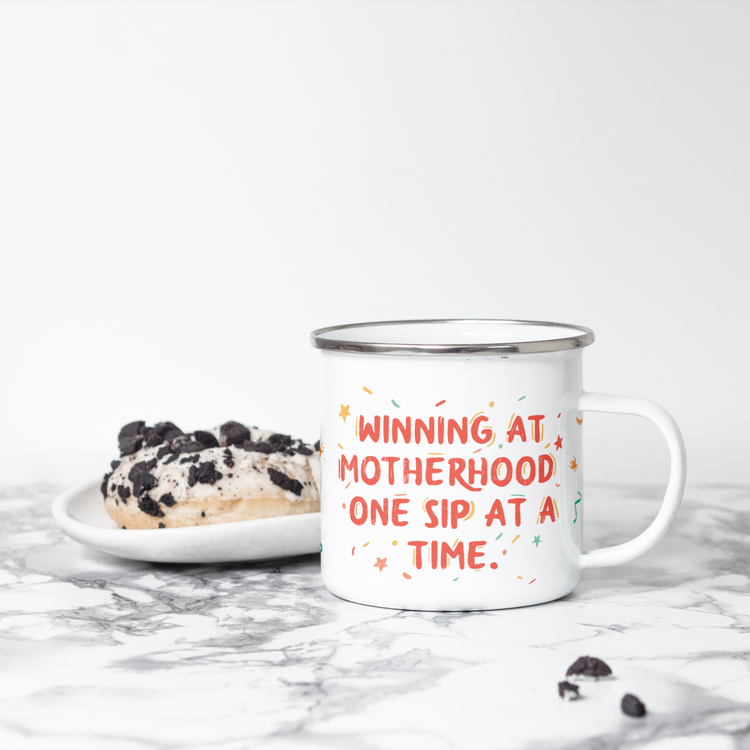 Winning at Motherhood – 12 oz Lightweight Enamel Mug (Perfect for Camping & Everyday Use)