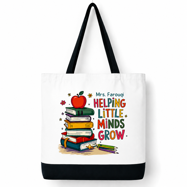 Helping Little Minds Grow - Spacious, Soft, Everyday Tote in Black & White (Customizable Name & Title)