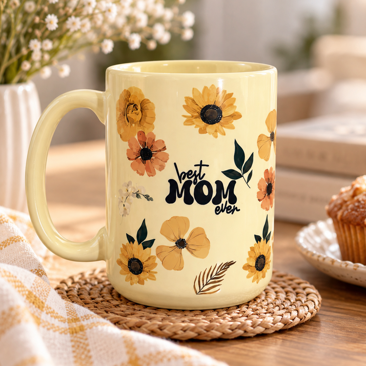Best Mom Ever 🌼 15 oz Buttery Yellow Ceramic Mug
