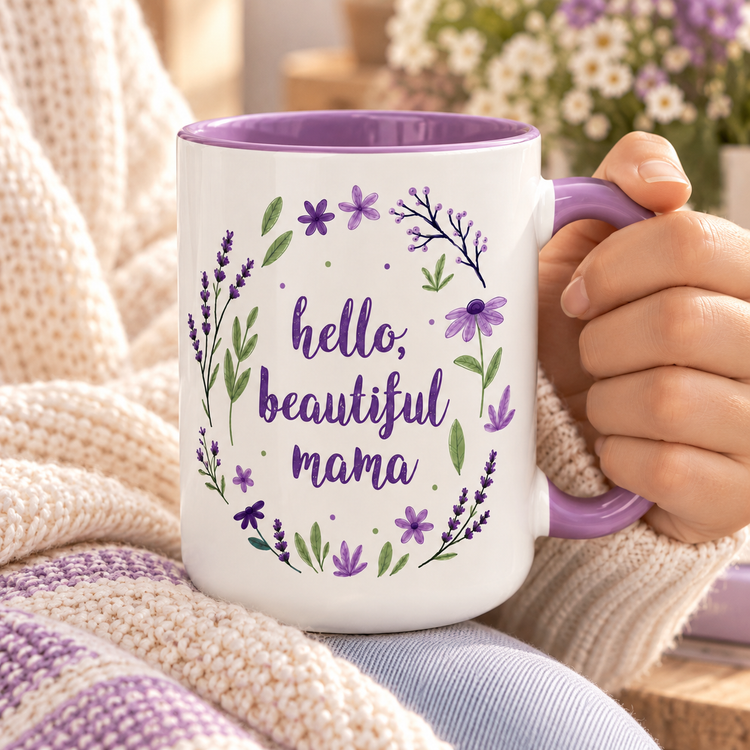 Hello Beautiful Mama – 15 oz Ceramic Mug (Purple)