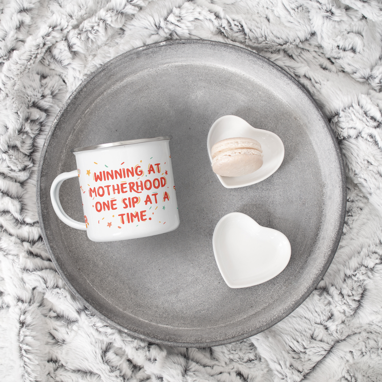 Winning at Motherhood – 12 oz Lightweight Enamel Mug (Perfect for Camping & Everyday Use)