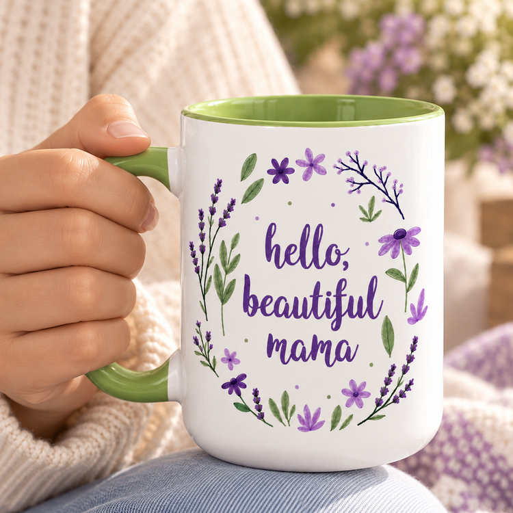 Hello Beautiful Mama – 15 oz Ceramic Mug (Green)