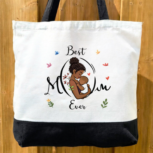 Best Mom Ever  (Style A) - Spacious, Soft, Everyday Tote in Black & White