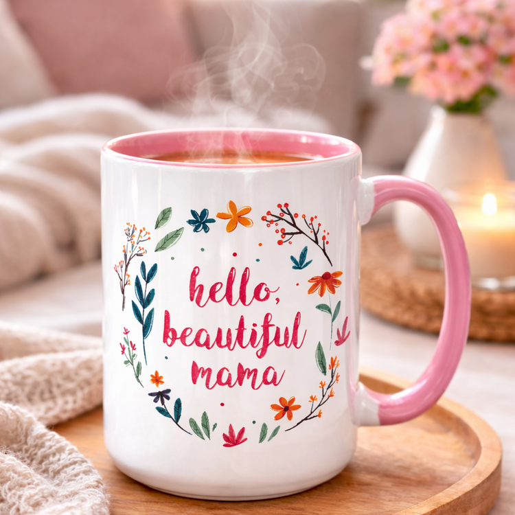 Hello Beautiful Mama – 15 oz Ceramic Mug (Pink)